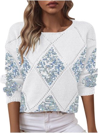 Generic Christmas Jumpers for Women UKFleece Diamond Pattern Crewneck Long Sleeves Sweaters Casual Comfortable Soft Tops Fleece Knit Jumpers Dating Office Tra