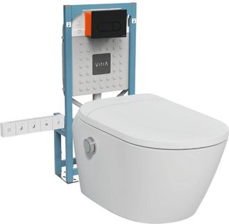 Vitra Conjunto De Inodoro Suspendido Sin Borde Con Sistema De Bid&eacute; Integrado, Asiento Y Conexiones El&eacute;ctricas, Color Blanco Vitra V-care Ultra + Estructura 