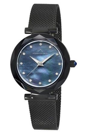 Porsamo Bleu Hazel White Topaz Mother of Pearl Dial 3-Hand Quartz Mesh Strap Watch, 33mm in Black at Nordstrom Rack