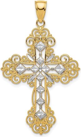 Diamond2Deal 14k Yellow Gold Rhodium Polished Textured Diamond Pattern Cross Pendant