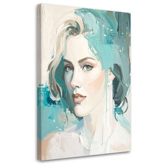 Feeby Cuadro Sobre Lienzo, Retrato Abstracto De Una Mujer En Colores Beige Y Turquesa, 70x100