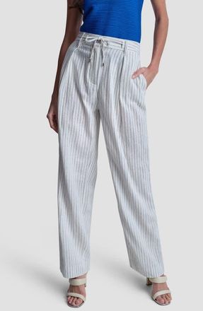 DKNY Stripe Linen Blend Drawstring Pants in Ivory/admiral at Nordstrom, Size 14