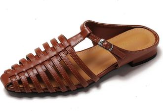 Generic Womens Braided Hollow Out Closed Toe Mules Roman Sandals Buckle Lightweight Casual Versatile Shoes (Brown,7.5)