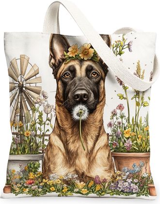 Generic Spring Belgian Malinois Dog Canvas Tote Bag for Shopping 13x15, Farmhouse Country Puppy Reusable Grocery Print Bag for Women, Farm Pet Beach Aesthetic