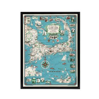 Artery8 Map vintage Cape Cod Massachusetts Framed Canvas Wall Art Print in Blue | Size: W24 x H32