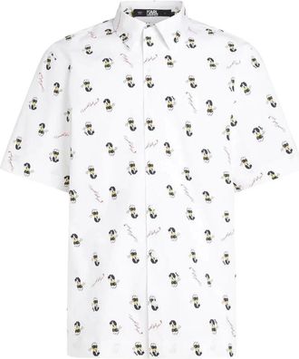 Karl Lagerfeld Allover Print Short Sleeve Shirt - Heren - Korte mouwen Overhemden - Wit - M - Katoen - Overhemden