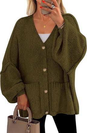 Generic Fall Chunky Cardigan Sweaters for Women 2025 Button Lantern Sleeve Knit Oversized Sweater Coats with Pockets Green