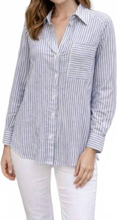 Rain + Rose Button-Up Stripe Blouse In Blue And White