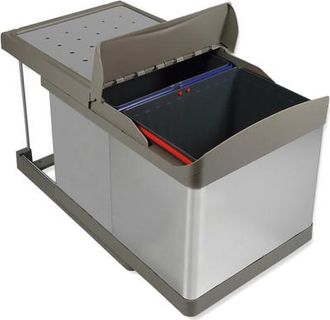 Emuca Contenedor De Reciclaje Para Fijaci&oacute;n Inferior Y Extracci&oacute;n Autom&aacute;tica En Mueble De Cocina 2x16litros, Pl&aacute;stico Y Acero Inoxidable - Emuca