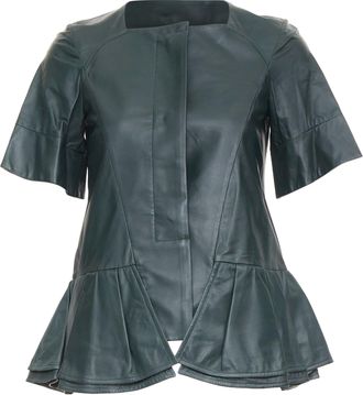 Marni dark green nappa lamb leather panelled ruffled peplum jacket IT38 XS