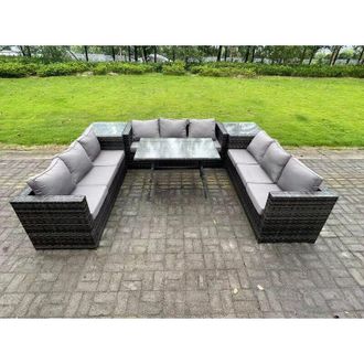 Fimous 9 Seater Rattan Outdoor Furniture Sofa Garden Dining Set with Patio Dining Table 2 Side Tables Dark Grey Mixed - Fimous
