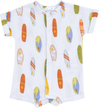 Angel Dear Surfboard Print Organic Cotton Gauze Romper in Blue at Nordstrom, Size 6-12M