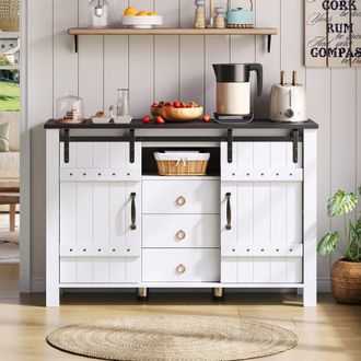 Merax White Sideboard with Sliding Doors & 3 Drawers, Bar Buffet Table