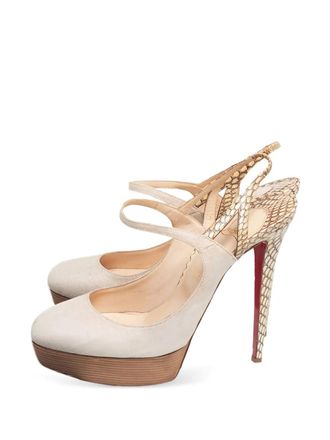 Christian Louboutin 135mm Bretelle slingback pumps - women - Canvas/Leather/Snakeskin/Leather - 39.5 - Beige