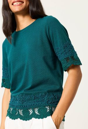 Fat Face FatFace Chloe Teal Blue Crochet Detail T-Shirt