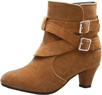 Generic Womens Ankle Boots with Buckle Strap - Mid Heel Soft Textured Slip-On Booties, Casual Pull-On Boots(Yellow,6.5 UK)