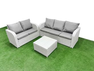Fimous 5 Seater PE Rattan Wicker Garden Furniture Patio Conservatory Sofa Set with Square Coffee Table 3 Seater Sofa Love Sofa in Light Grey