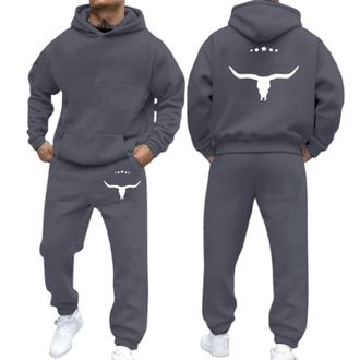 Generic 2 Piece Tracksuits for Men UK Fleece Ox Printed Hoodie and Soft Jodding Sweatpants Autumn and Winter Warmth Sweatsuits Comfy Hoody and Trousers Sets O