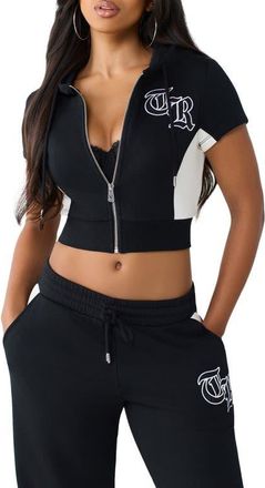 True Religion Paneled Short Sleeve Full Zip Hoodie in Jet Black at Nordstrom, Size Xx-Large