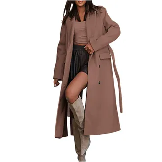 Generic Trench Coat Women Long Tweed Cardigan Shacket Notch Collar Thin Pea Coat Ladies British Style Open Front Windbreaker Ankle Length Oversize Windproof P