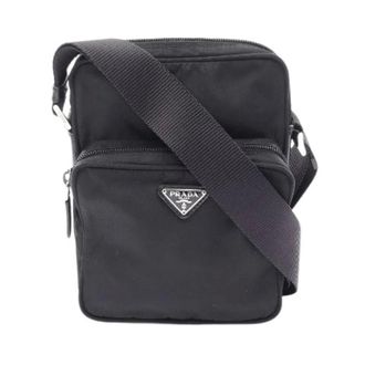 Prada Pre-owned Cross Body Bags, female, Black, Size: ONE SIZE Pre-owned Triangle Logo Nylon Leather Shoulder Bag
