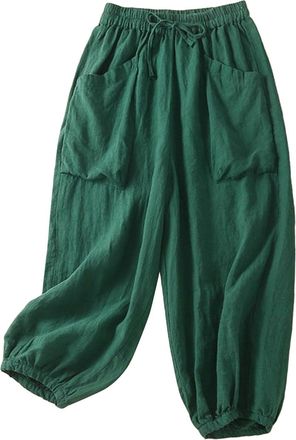 Generic Womens Boho Cotton-Linen Harem Pants - Nine-Tenths Length Wide Leg Trousers with Oversized Pockets, Breathable Casual Palazzo Pants for Summer Comfort