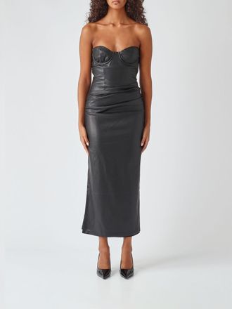 Twentyfourhaitch Faux Leather Sheath Midi Dress with Sweetheart Neckline