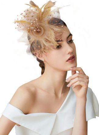 Babeyond Mesh Feather Fascinator Flower Hair Clip Fascinators Hat Bridal Headpiece Bridal Headpiece Wedding Church Tea Party Derby Hats Race Hats (Gold)