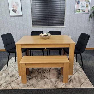 Kosy Koala 6 Seater Light Wood Dining Table Set with 4 Black Velvet Chairs Bench in Brown