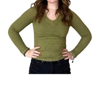Scala Long Sleeve Furry V Neck Sweater In Verde Moss
