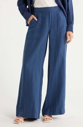 Frank & Eileen Patch Pocket Pull-On Wide Leg Linen Pants in Navy at Nordstrom, Size X-Large