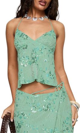 Princess Polly What a Coincidence Sequin Beaded Open Back Halter Top in Teal at Nordstrom, Size 2