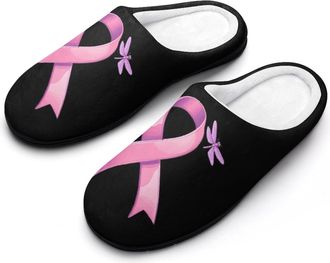 Generic Breast Cancer Awareness Ribbon Dragonfly Womens Slippers Warm House Slippers Indoor House Shoes with Anti-Skid Rubber Sole