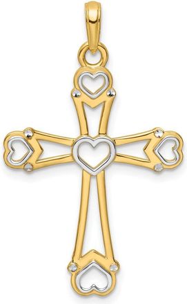Diamond2Deal 14k Yellow Gold Rhodium Diamond-Cut Cross Hearts Pendant