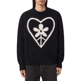 AllSaints Finden Heart Merino Wool & Alpaca Blend Crewneck Sweater in Black at Nordstrom, Size Xx-Large