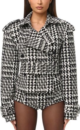 Naked Wardrobe Houndstooth Short Trench Coat in Black/White at Nordstrom, Size X-Large