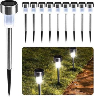 OEM Juego De 10 Luces Solares Led Recargables E Impermeables De Acero Inoxidable Para Jard&iacute;n, Ideales Para Iluminar Caminos Y Exteriores (blancas)