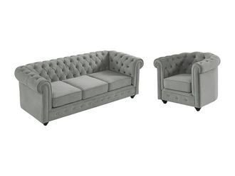 VENTE-UNIQUE.COM Conjunto sof&aacute; y sill&oacute;n fijo terciopelo 4 plazas gris claro 205x88cm