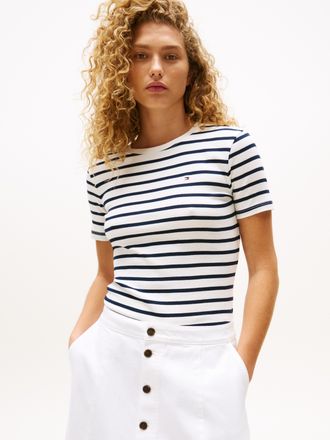 Tommy Hilfiger T-Shirt TOMMY HILFIGER SLIM CODY C-NK SS, Damen, Gr. XXL (44), blau (breton, ecu, schwarz night navy), Jersey, Obermaterial: 100% Baumwolle, gestreift