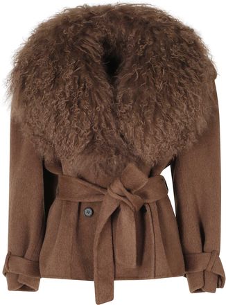 Giuseppe Di Morabito Brown Voluminous Fur Lapels Double-Breasted Trench Coat