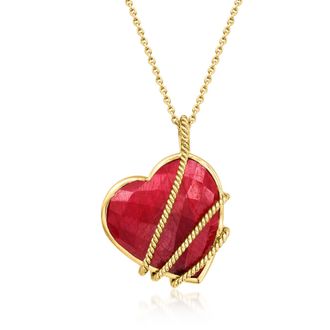 Ross-Simons Ruby Heart Roped Pendant Necklace in 18kt Gold Over Sterling