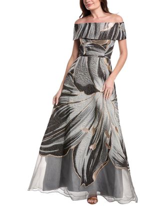 Teri Jon by Rickie Freeman Metallic Jacquard Off Shoulder A-Line Floral Gown