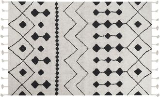 Beliani Alfombra De Algod&oacute;n Blanco Crema Negro 140 X 200 Cm Geom&eacute;trico Borlas Khemisset