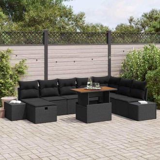 vidaXL Conjunto De Sof&aacute; De Jard&iacute;n Con Coj&iacute;n 9 Pcs Negro Polirat&aacute;n