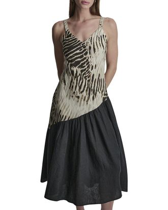 DKNY Dkny V-Neck Printed Panel Linen Dress