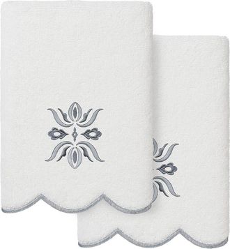 Linum Home Textiles 100% Turkish Cotton Flower Crest Scallop 2Pc Embellished Hand Towel Set