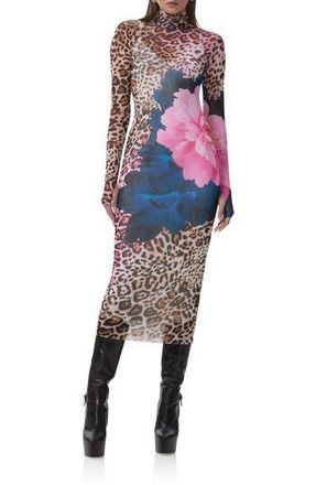 AFRM Shailene Long Sleeve Mesh Midi Dress in Animal Block Peony at Nordstrom Rack, Size X-Small