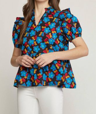 Entro Floral & Ruffle Top In Blue