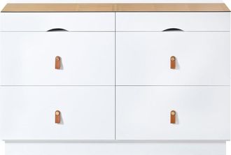 Urban Meuble Aparador dormitorio blanco, parte superior vitrificada,tiradores cuero