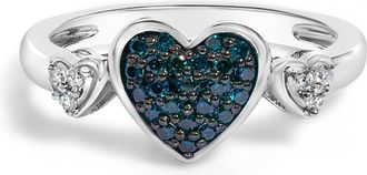 House of Brilliance Sterling Silver 1/5 Cttw Blue and White Diamond Triple Heart Ring